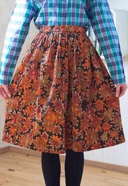Brown and orange vintage pleated floral skirt