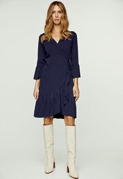 Navy Blue Wrap Dress Viscose with bell sleeves. 