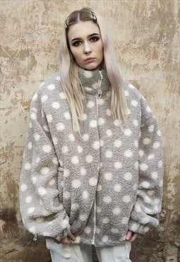 Polka dot fleece jacket handmade fluffy spot bomber in grey