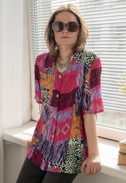 Vintage 80's Multicolour Abstract Print Short Sleeved Blouse
