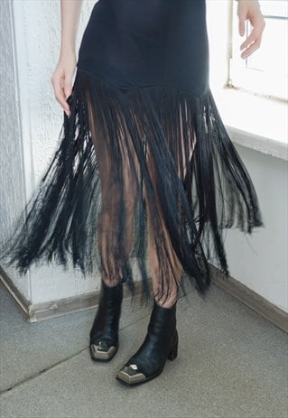 Vintage 60's Black High Collar Fringe French Dress