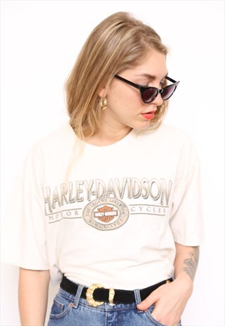 VINTAGE HARLEY DAVIDSON CREAM RIBBED TOP T-SHIRT