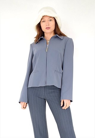 VINTAGE Y2K 00S GREY ZIP UP BLAZER JACKET S