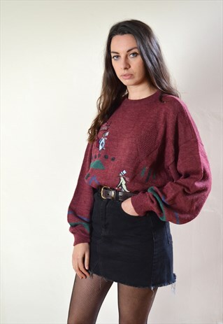 80S VINTAGE DARK RED ABSTRACT CARTOON MOTIF KNIT JUMPER