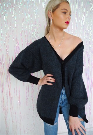 VINTAGE BLACK CARDIGAN WITH BLUE SPARKLE FLECK