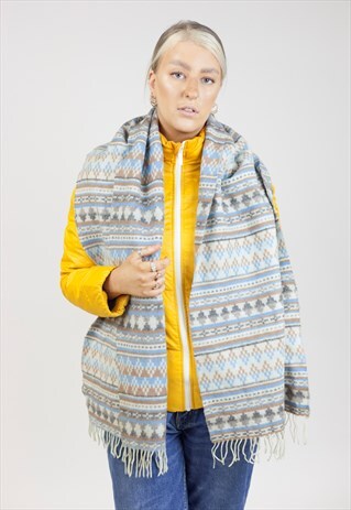 VINTAGE BLUE AND BROWN PATTERNED LONG SCARF