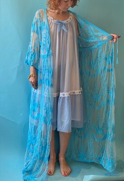 Vintage Bright Blue Lace Robe or Dressing Gown