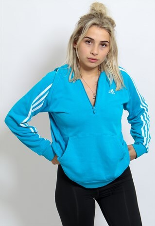 VINTAGE ADIDAS LOGO 1/4 ZIP HOODIE BLUE S/M