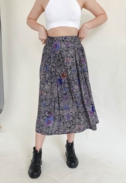 Vintage 70s Boho Abstract Floral Pattern Pleated Skirt S