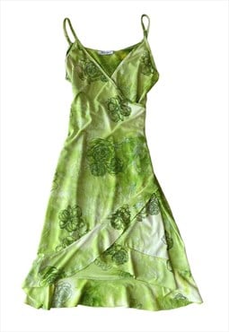 Vintage Y2k Green Floral Wrap Dress Frilled Summer