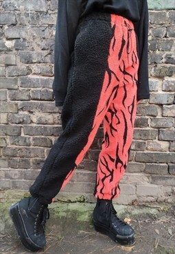 Grunge fleece joggers handmade Gothic zebra pants in black