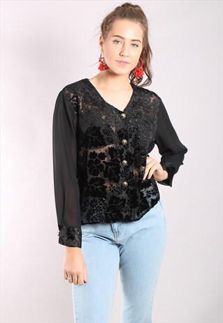 VINTAGE 80S VELVET CHIFFON SHEER GLITTER BLOUSE
