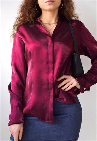 VINTAGE DEEP PINK- RED IRIDESCENT 90S Y2K SATIN SHIRT TOP