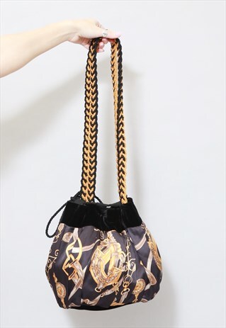 VINTAGE 1980'S BLACK SILK FABRIC CHAIN PRINT SHOULDER BAG