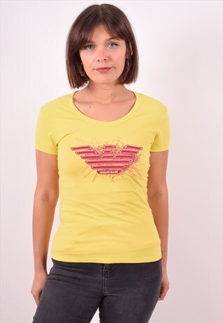 ARMANI JEANS WOMENS VINTAGE T-SHIRT TOP SMALL YELLOW 90S