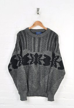 Vintage Knitted Jumper Patterned Grey/Black Large