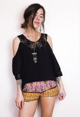 FAIRTRADE BLACK CROCHET COLD SHOULDER TOP
