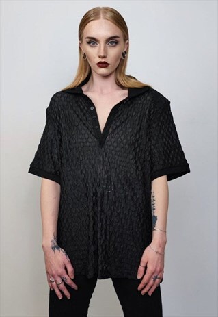 SHOULDER PADDED POLO SHIRT SHORT SLEEVE TEXTURED BLOUSE CHEC