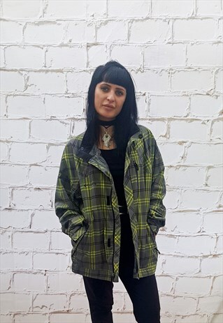 VINTAGE COLUMBIA LIME GREEN CHECKED WATERPROOF JACKET