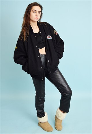 90'S RETRO OVERSIZED VARSITY WOOL BOMBER JACKET