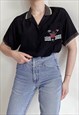 VINTAGE 90S MARINE LOGO SILKY BLACK POLO BLOUSE SHIRT S 
