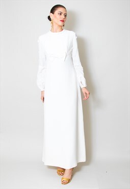 1960's Wedding Dress White Long Bell Sleeve Bow Detail
