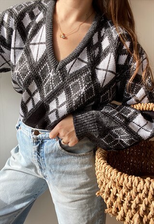 VINTAGE 80 ABTRACT CHECK KNIT UNISEX JUMPER SWEATER PULLOVER