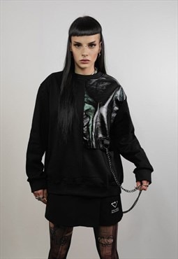 PU patch sweatshirt metal chain jumper punk top in black
