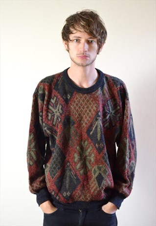80S VINTAGE RED & GREEN PATTERN KNIT JUMPER
