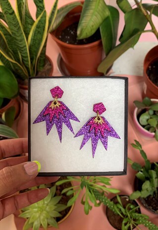 BANG BANG DROP STUD EARRINGS IN PURPLE, MAGENTA & GOLD