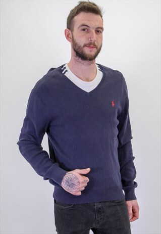 VINTAGE RALPH LAUREN V NECK SWEATER IN BLUE LARGE