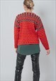 VINTAGE 80S BOXY FIT KNITTED WINTER JUMPER IN RED PATTERN
