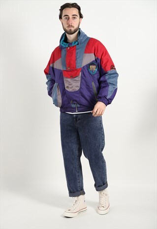 VINTAGE 90S COLOUR BLOCK SKI JACKET RED PURPLE BLUE