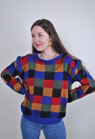 80S MULTICOLOR SWEATER, VINTAGE KNIT GEOMETRIC FUN PULLOVER