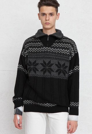 VINTAGE BLACK 1/4 ZIP KNIT JUMPER SWEATER