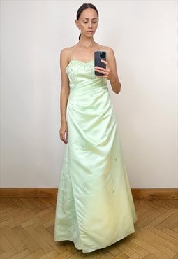 Vintage Light Green Timeless Beaded Satin Long Dress