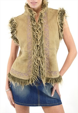 VINTAGE Y2K GILET IN KHAKI WITH SHAGGY FAUX FUR