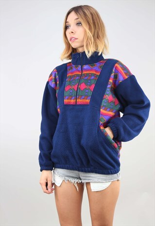 VINTAGE OVERSIZED 1/4 ZIP MULTICOLOUR PATTERNED FLEECE