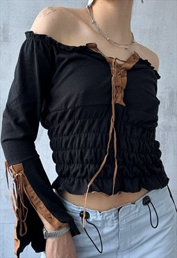 Vintage Y2K 00's Black Brown Fitted Off Shoulder Blouse