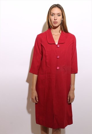 VINTAGE 1950'S 50'S MAGENTA PURE LINEN COAT SCALLOPED M-L