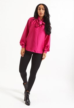 Fuchsia Satin Feel Tie Neck Blouse 