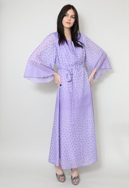 70's Ladies Vintage Dress Purple Bird Print Kimono Maxi