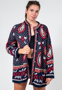 Vintage 90s Paisley Patterned Cardigan in Navy Blue and Red