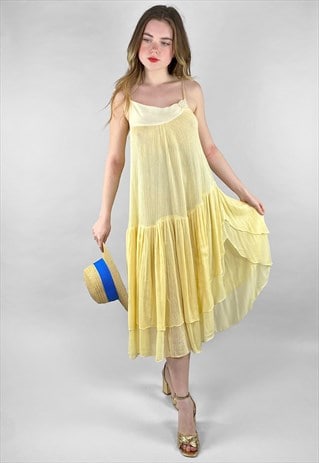 70's Yellow Vintage Cheesecloth Cotton Slip Sun Midi Dress