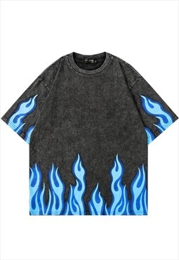 Flame t-shirt thunder print tee vintage wash fire top grey