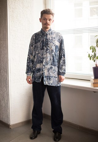 VINTAGE 90'S BLUE ABSTRACT PRINT LONG SLEEVED SHIRT