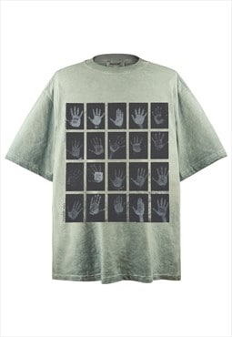 Hand print t-shirt sign language top grunge punk tee green