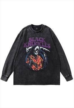 Death print t-shirt vintage wash grim reaper long tee grey