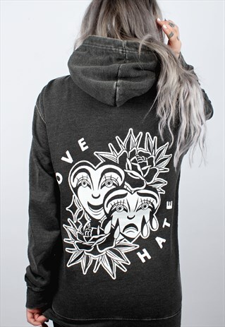 LOVE & HATE ACID WASH DARK GREY PULLOVER HOODIE