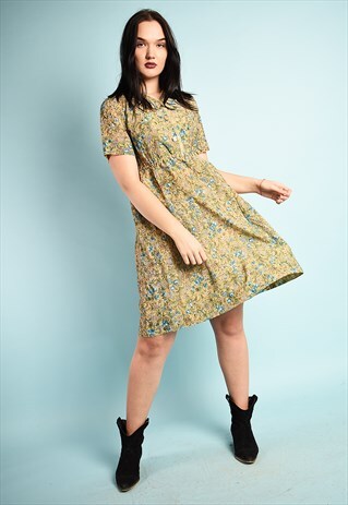 VINTAGE 70'S RETRO BOHO FLORAL PRINT MIDI DRESS